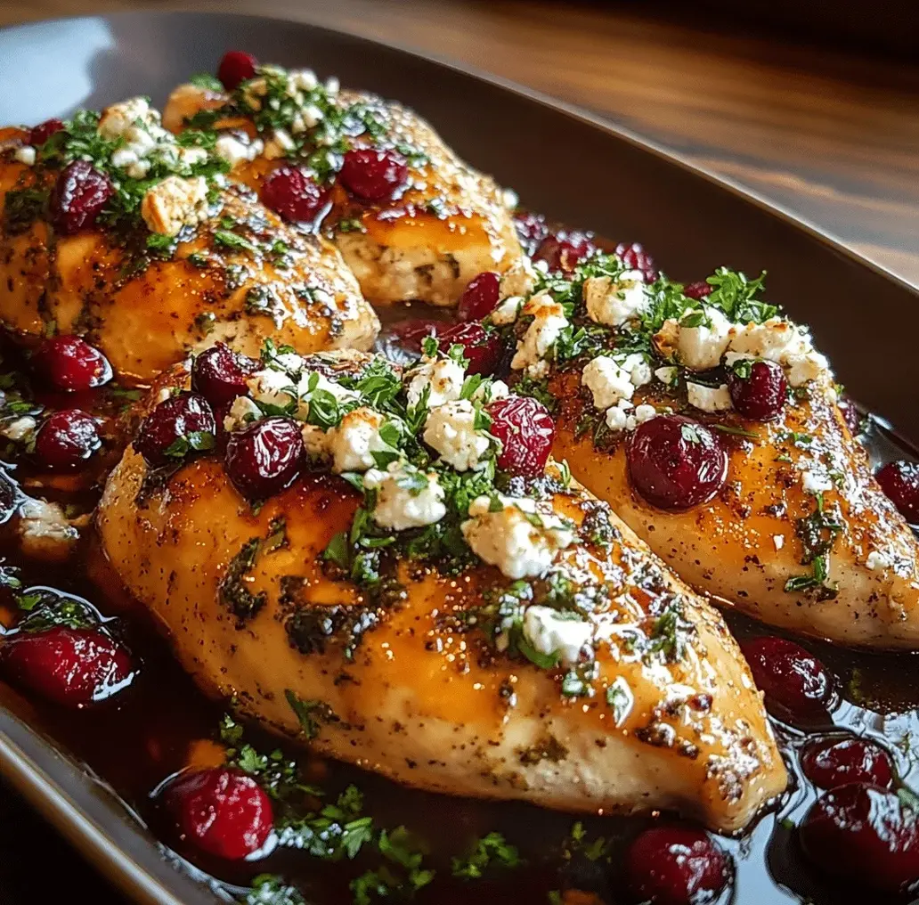 Close-up of Honey Cranberry Chicken Bake with Feta cheese