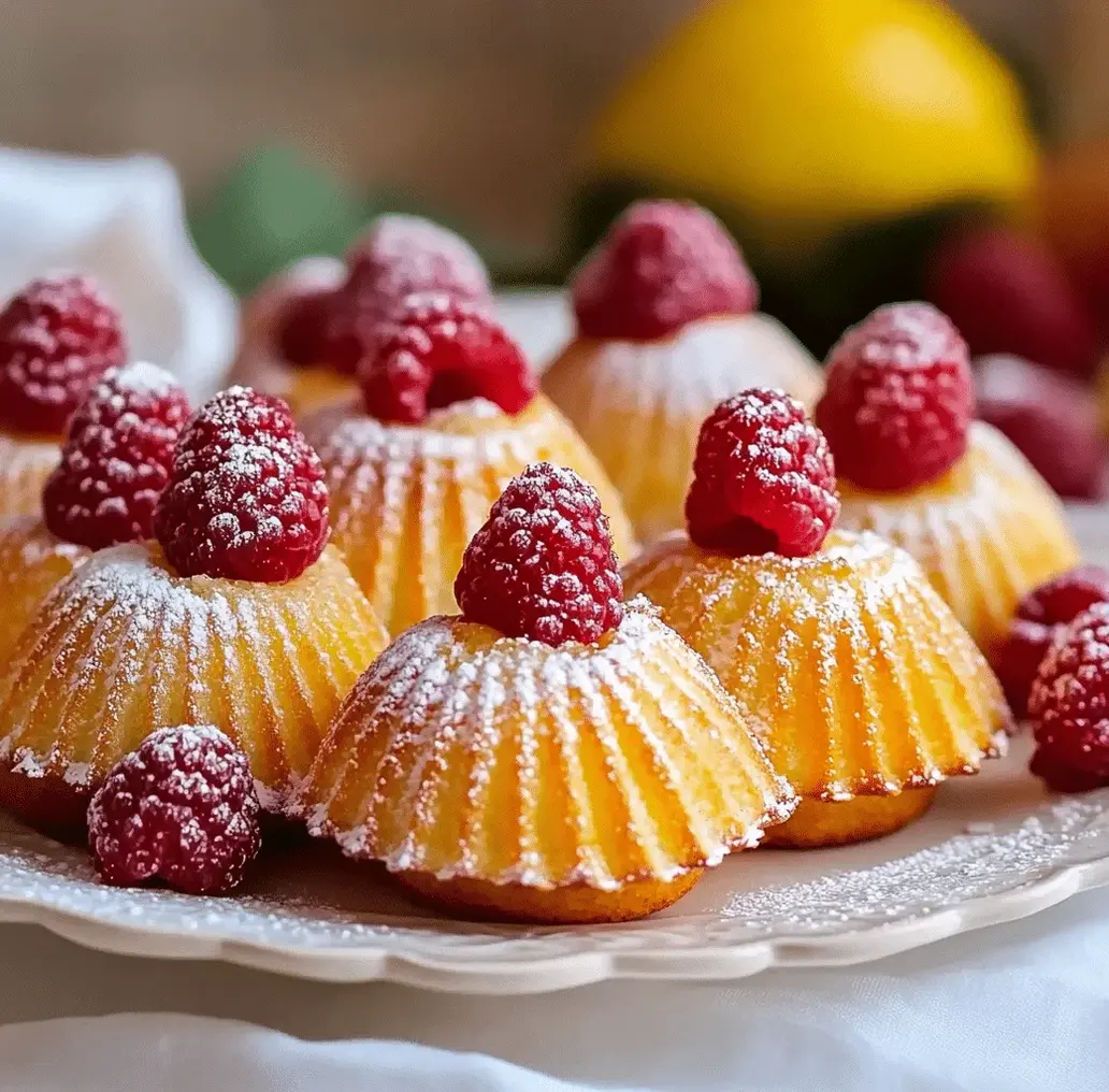 A batch of freshly baked lemon raspberry madeleines with a light golden crust and visible raspberry pieces.