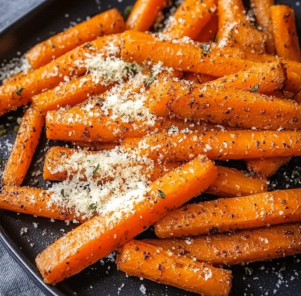 Finished Crispy Parmesan Roasted Carrots on a plate