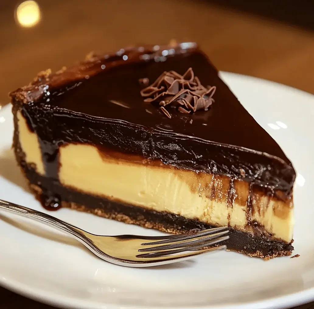 The assembled Boston cream pie cheesecake topped with glossy chocolate ganache, ready for serving