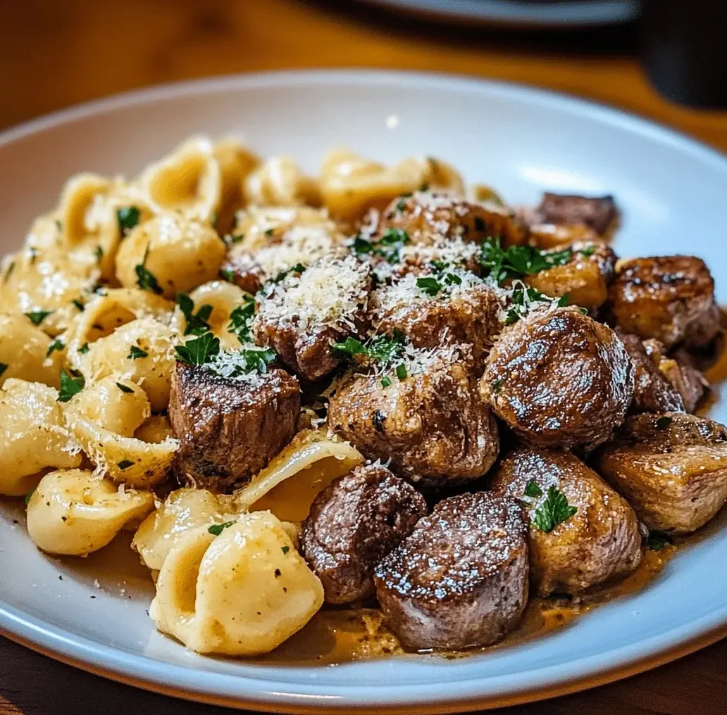 Garlic Butter Steak Bites and Creamy Parmesan Shells dish