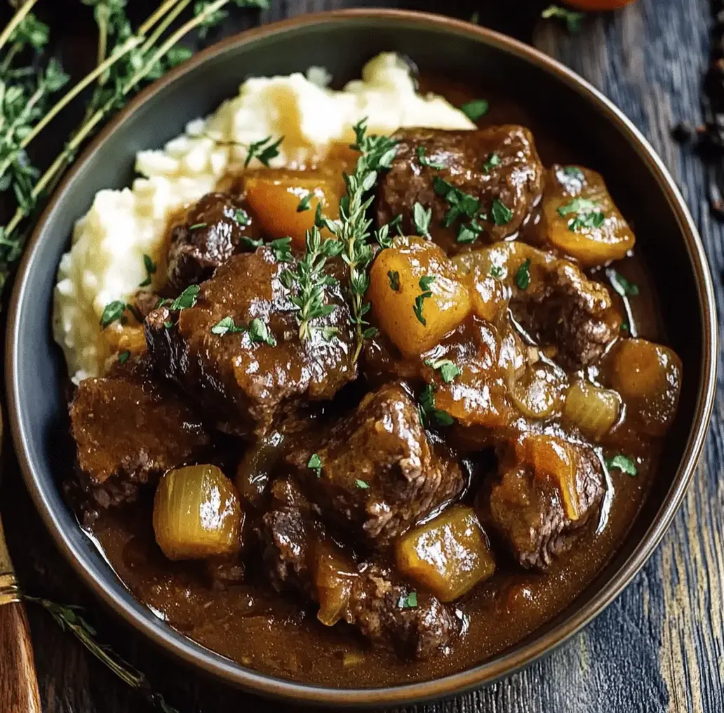 Finished slow-cooked beef in onion sauce ready to serve