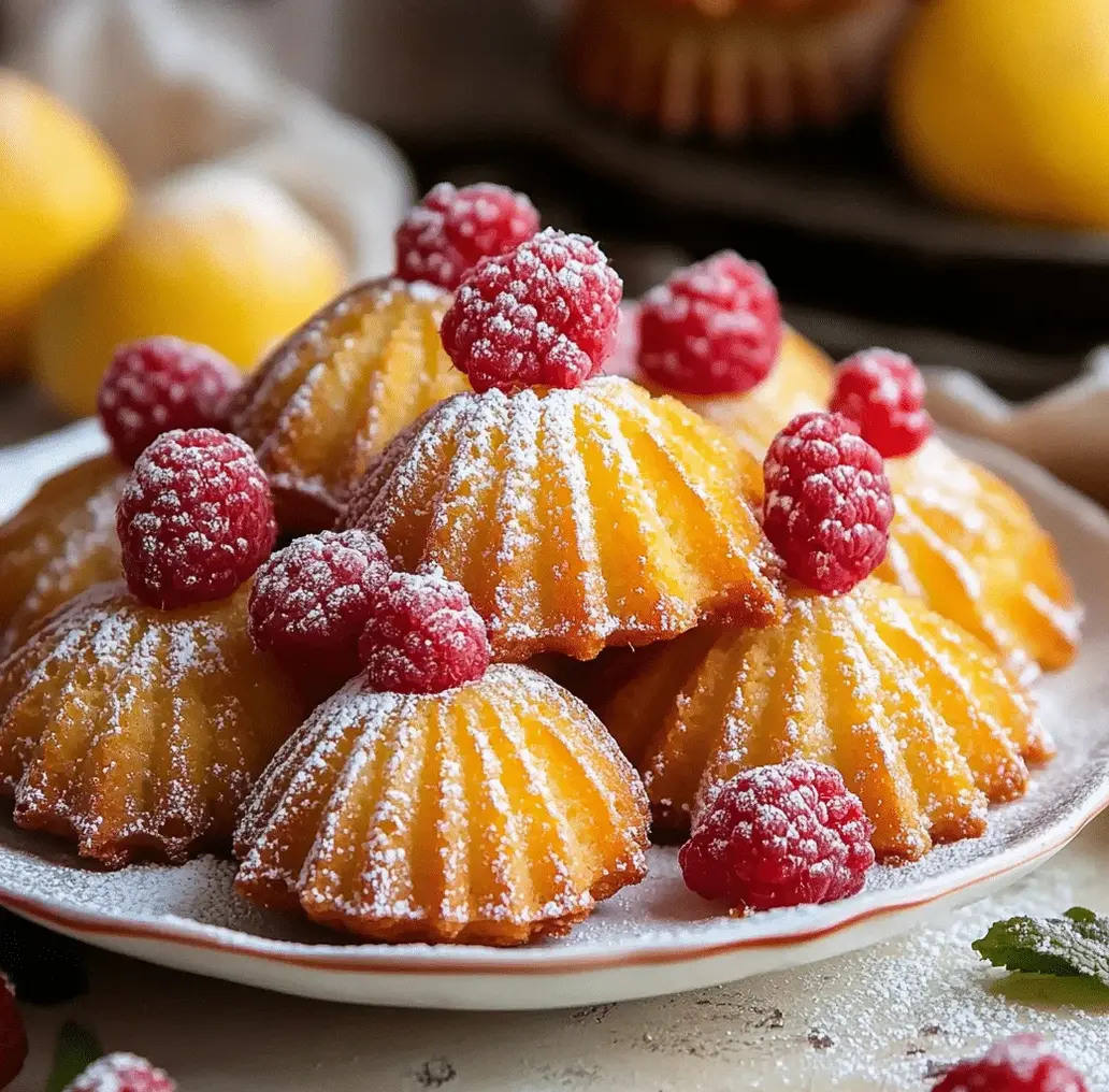 Close-up of lemon raspberry madeleines on a serving plate, showing their delicate texture and golden edges.