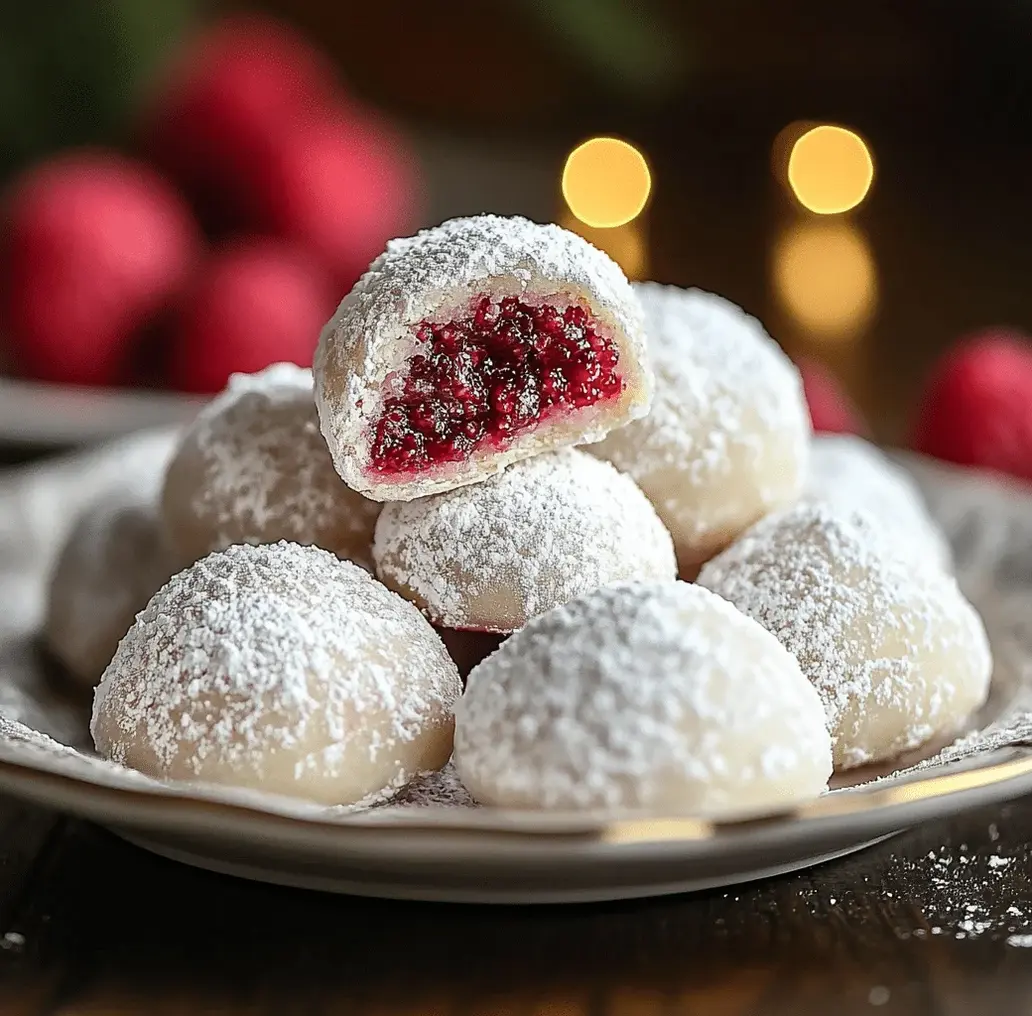 Close-up of Raspberry Filled Almond Cookies dusted with powdered sugar