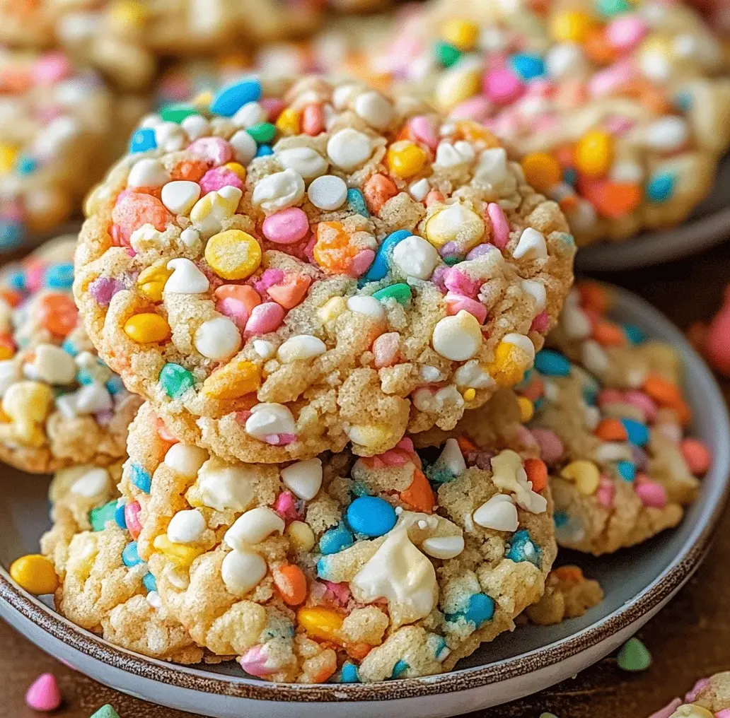A plate piled high with colorful Fruity Pebbles Cookies, some whole and some broken, showing the texture and cereal pieces.