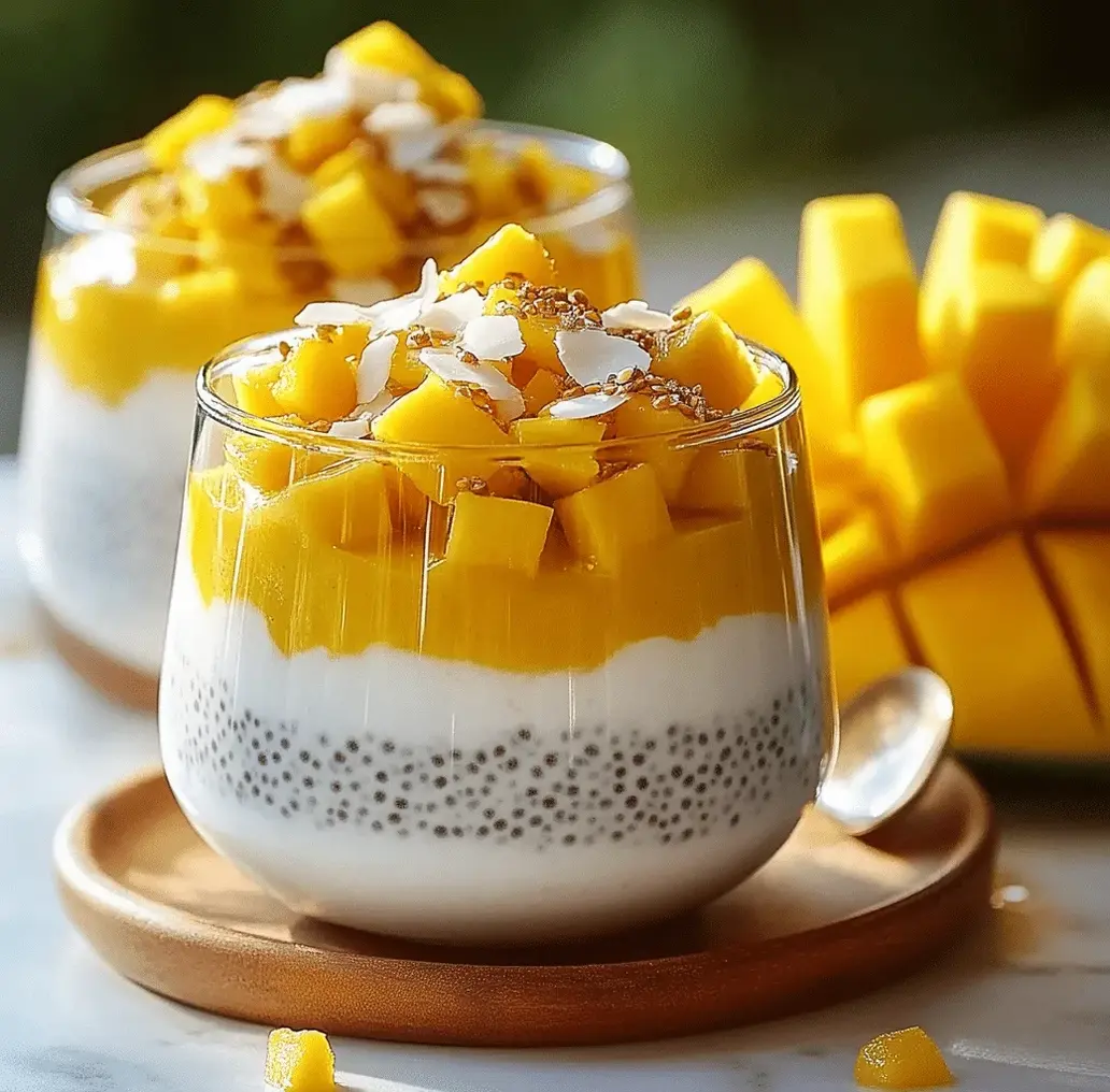 Close-up of mango coconut chia pudding topped with fresh mango and coconut flakes, highlighting the vibrant colors and creamy layers.