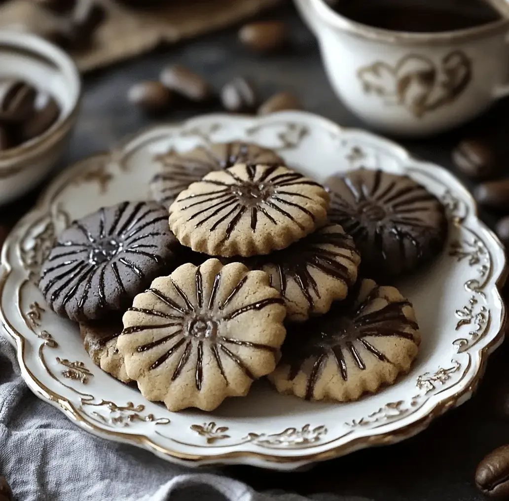 Stack of Espresso Shortbread Cookies with a coffee cup