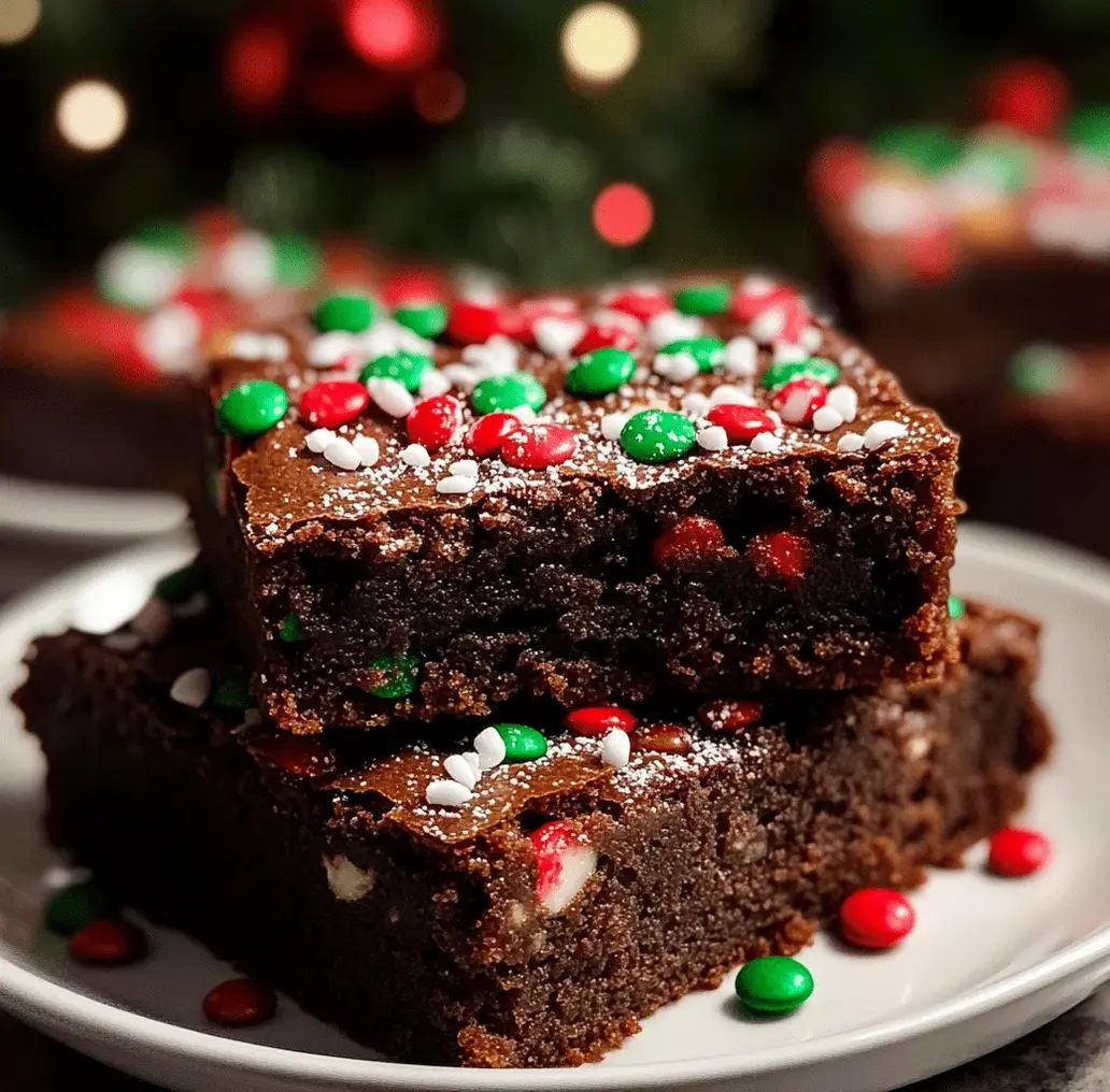 Plated Christmas brownies with festive toppings, ready for holiday serving