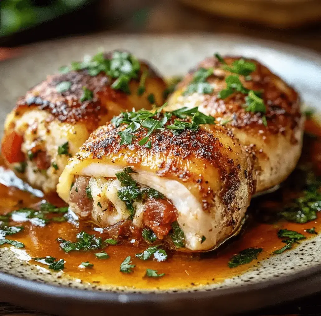 A beautifully plated Chicken Braciole with sauce and garnish