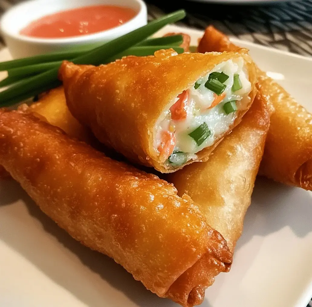 Golden fried Crab Rangoon Egg Rolls ready to serve