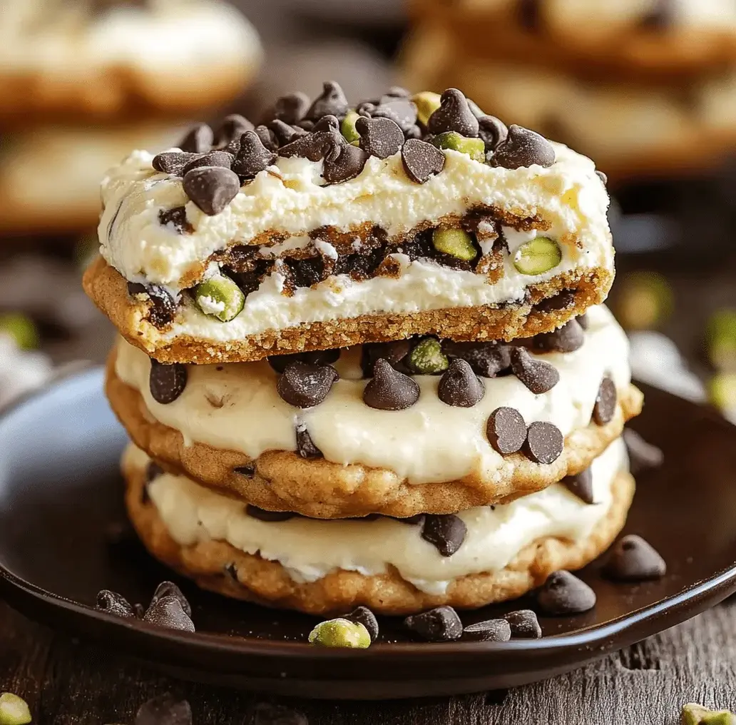 Assembled cannoli cream sandwich cookies on a plate