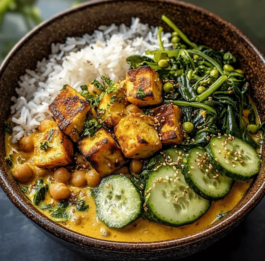 A vibrant bowl of Golden Chickpea & Zucchini Coconut Curry topped with fresh herbs and a side of rice.