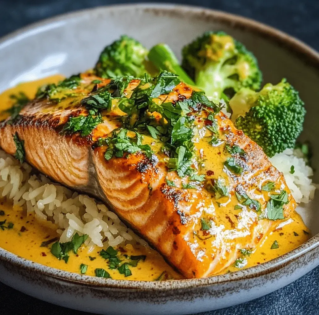 Close-up of Coconut Curry Salmon with garlic butter topping