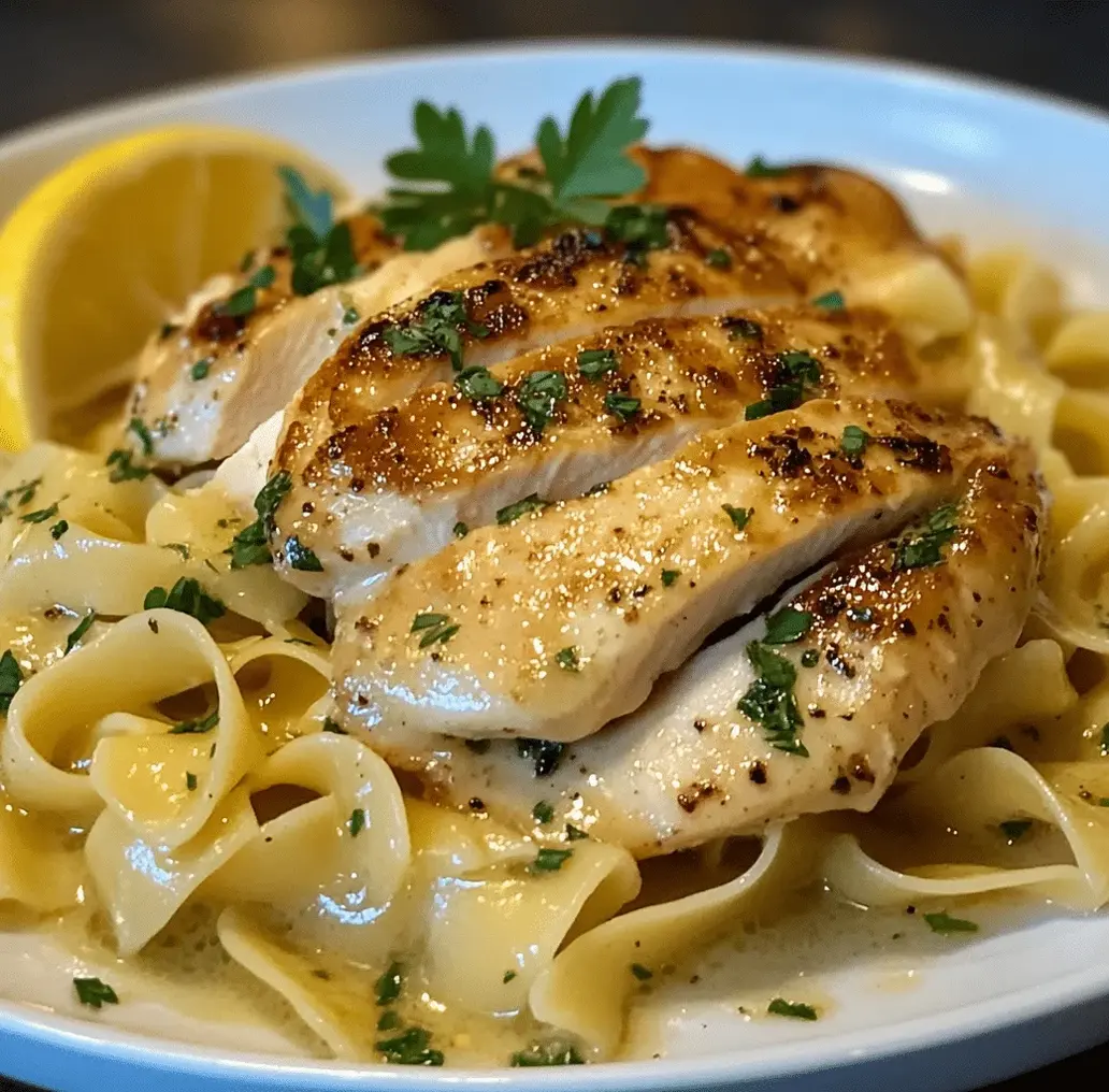 Close-up shot of chicken with buttered noodles in a bowl, garnished with parsley.
