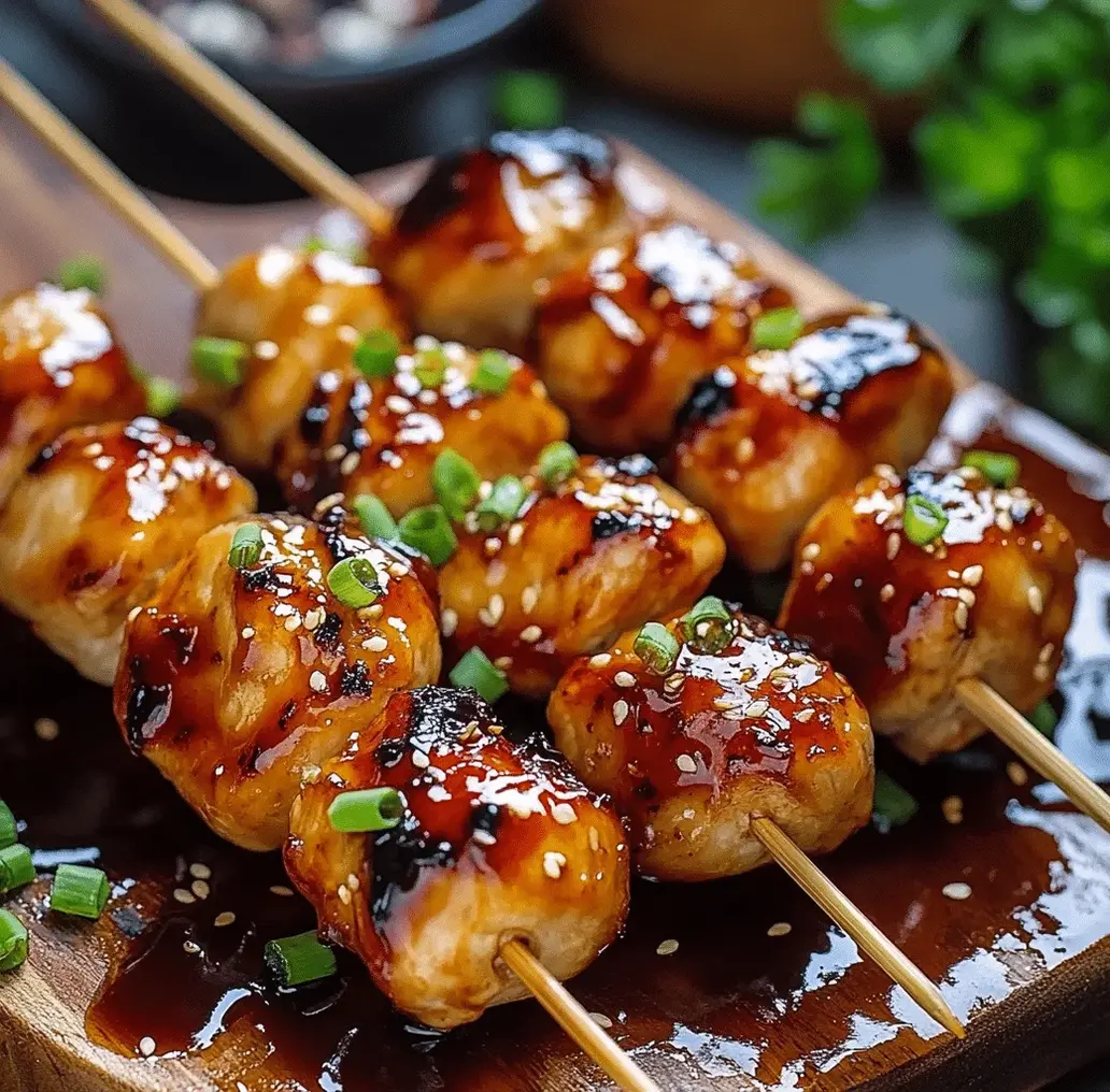 Finished honey garlic chicken skewers ready to serve