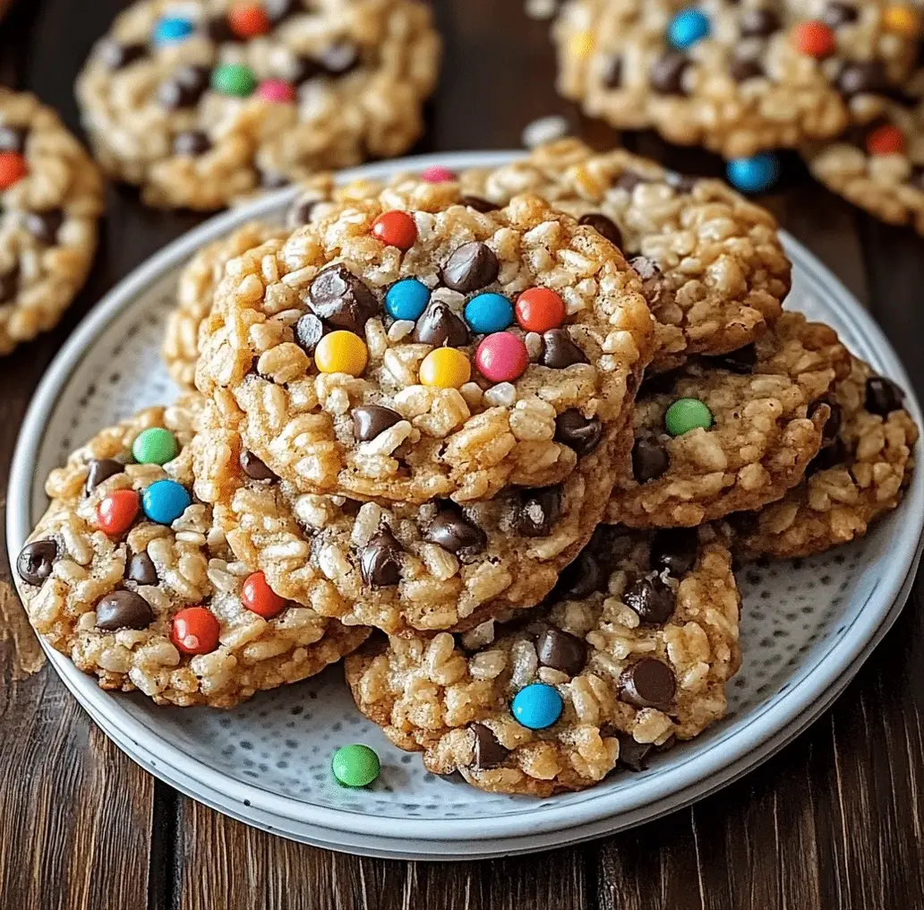 A stack of crispy rice chocolate chip cookies on a white plate, with a few scattered around.