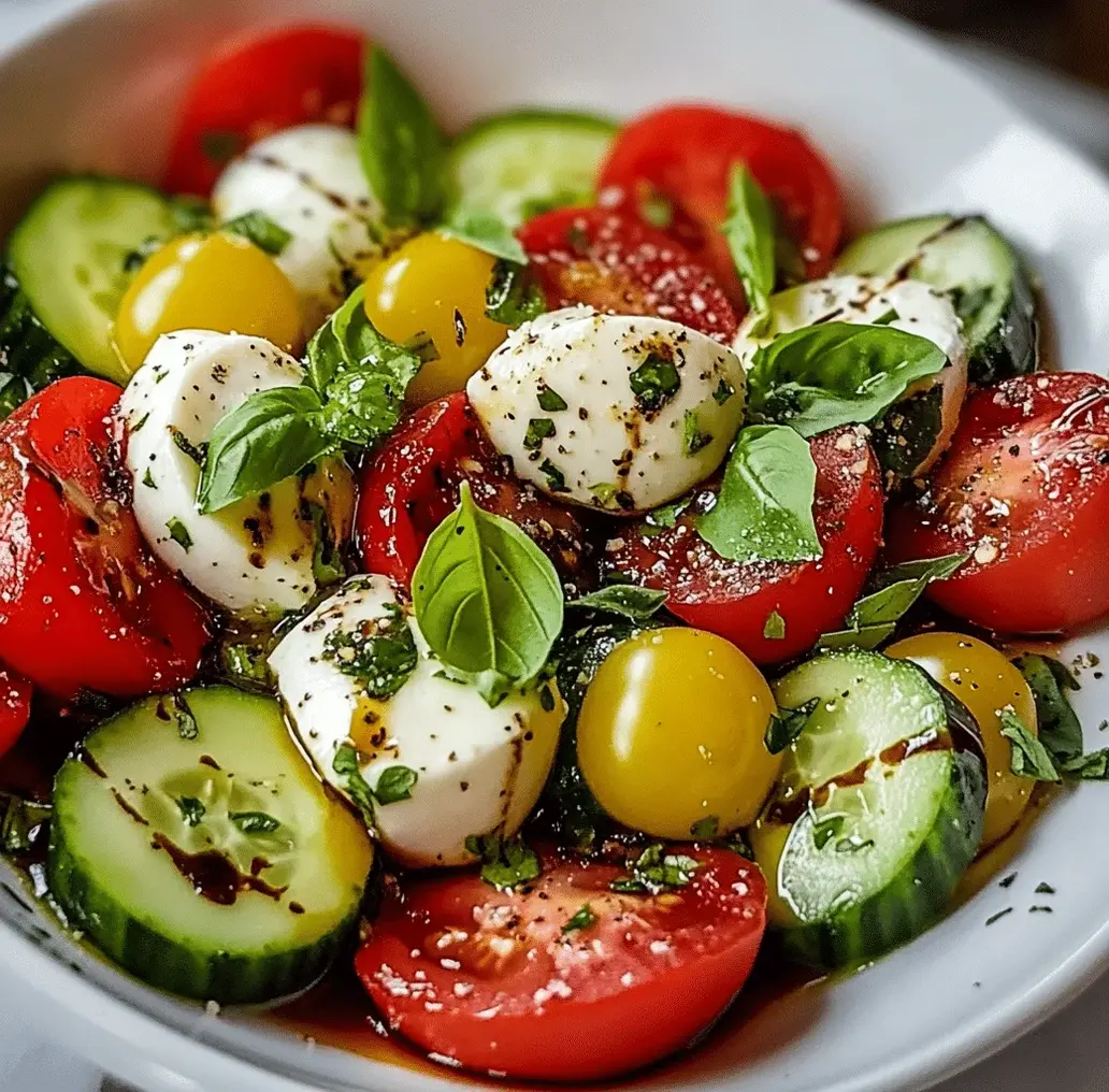 Fresh Tomato Cucumber Mozzarella Salad ingredients arranged beautifully