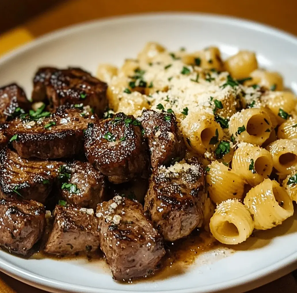 Close-up of creamy parmesan shells with steak bites