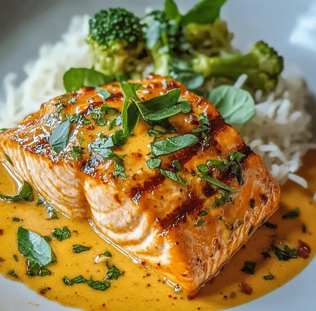 Delicious Coconut Curry Salmon with Garlic Butter being served