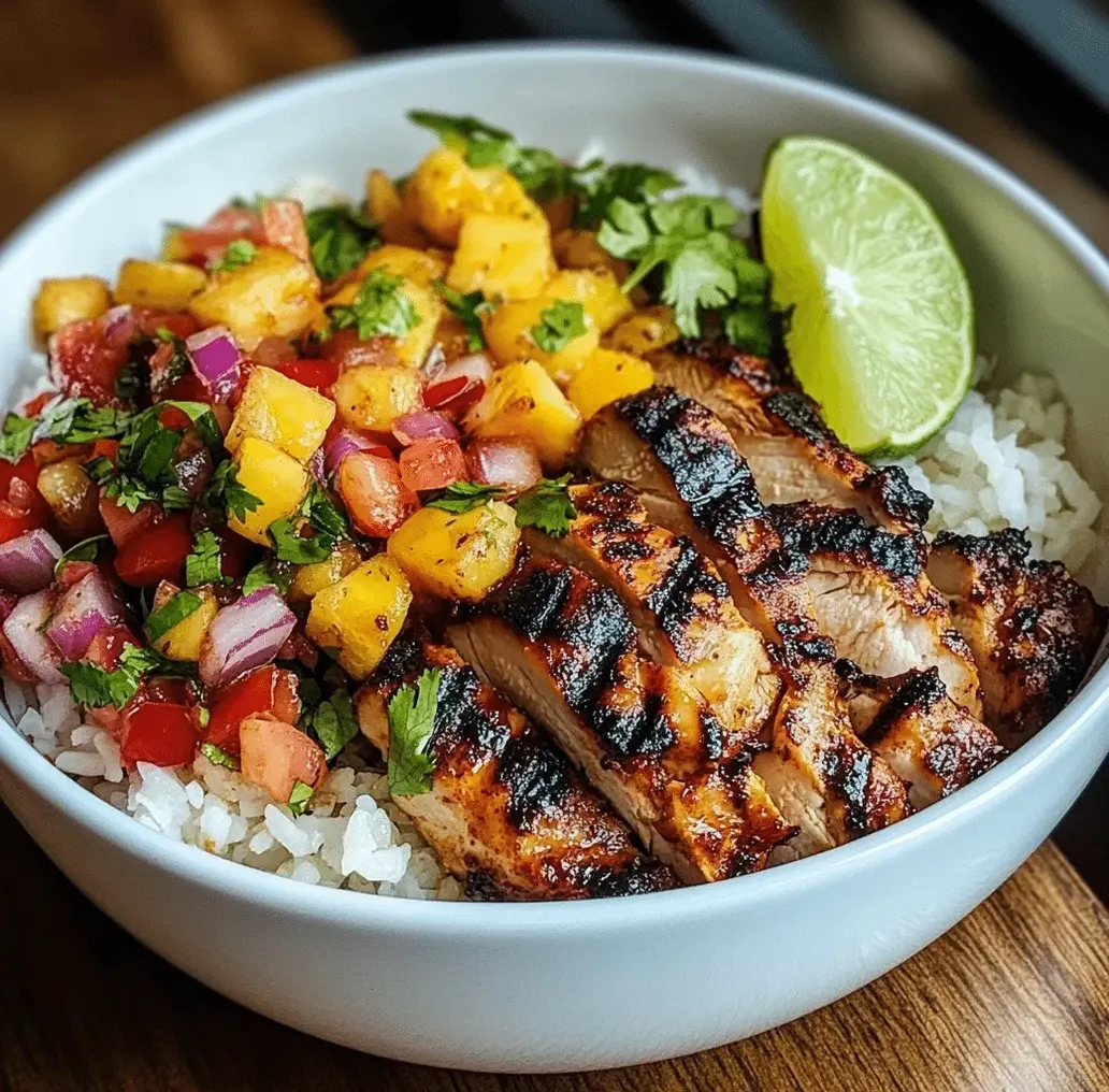 Vibrant bowl of jerk chicken with pineapple salsa and rice