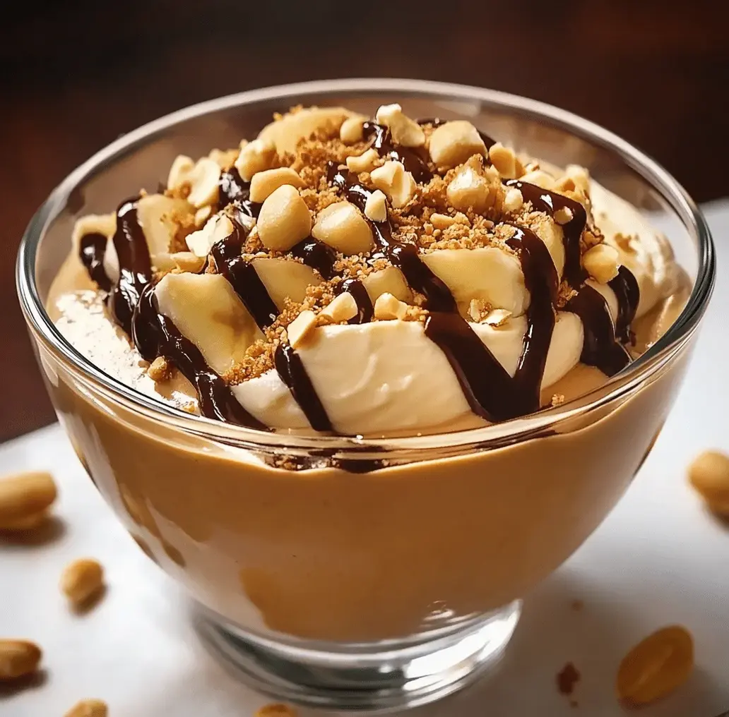 Cottage Cheese Peanut Butter Mousse in a bowl with a spoon