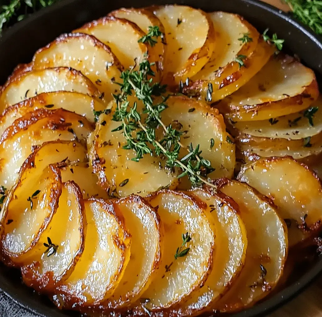 Close-up of a slice of garlicky potato galette being served, showing its layered potato texture and golden crust.