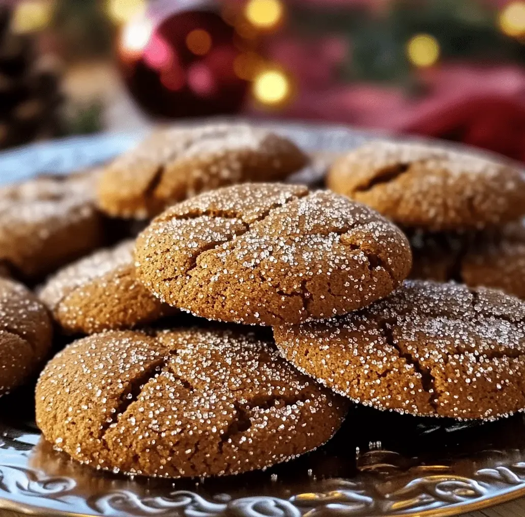 A pile of soft, chewy ginger molasses Christmas cookies dusted with powdered sugar on a rustic wooden board.