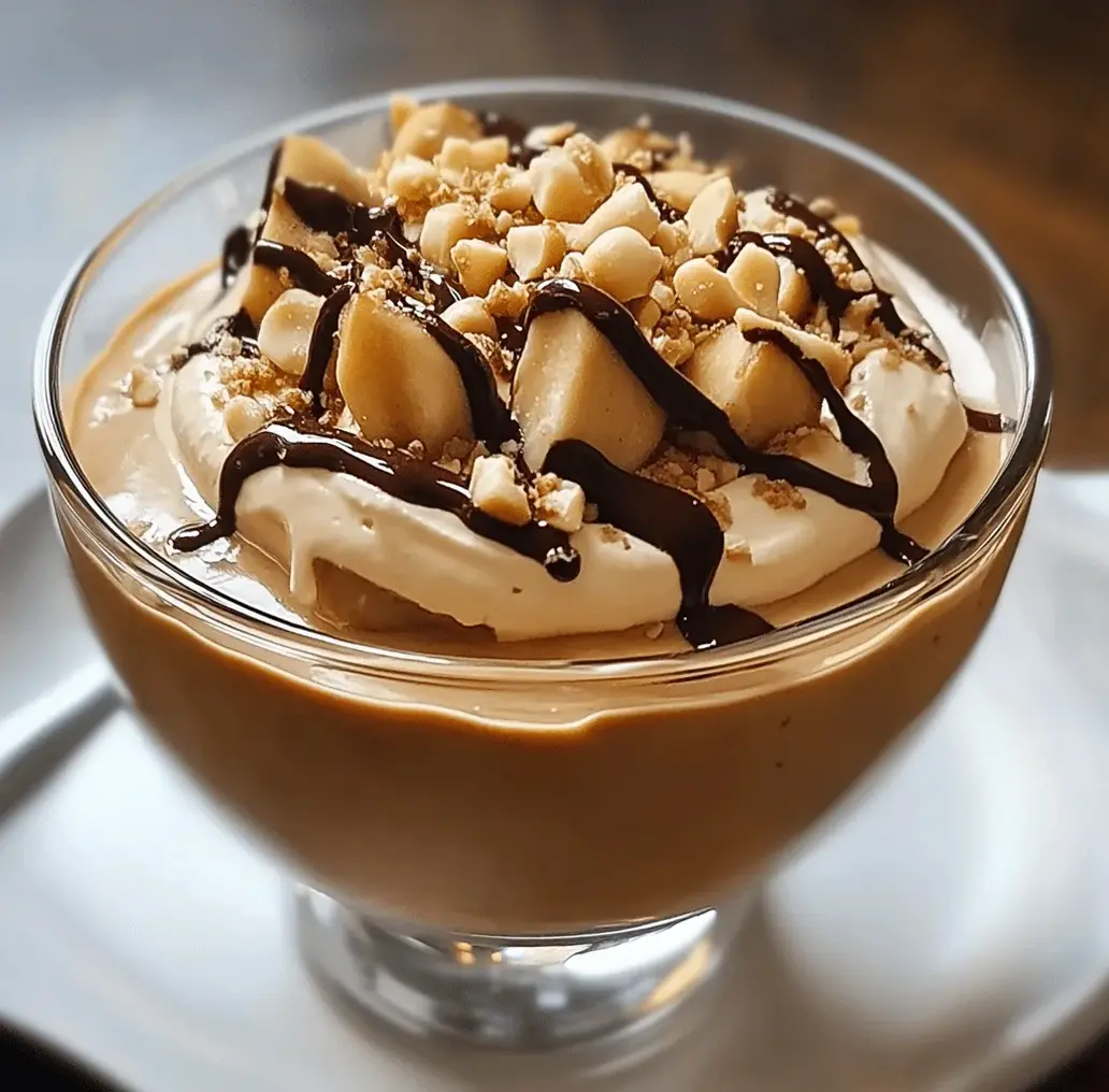 Close-up of Cottage Cheese Peanut Butter Mousse with toppings