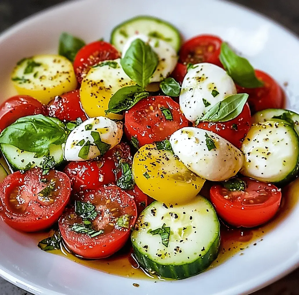 Finished Tomato Cucumber Mozzarella Salad ready to serve