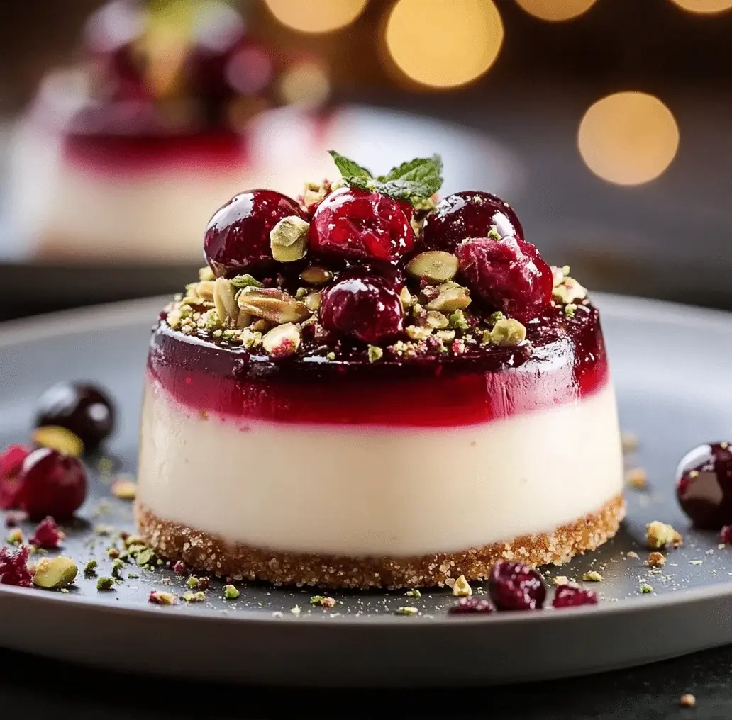 Close-up of a Cranberry & Pistachio Cheesecake Dome showing the layers.