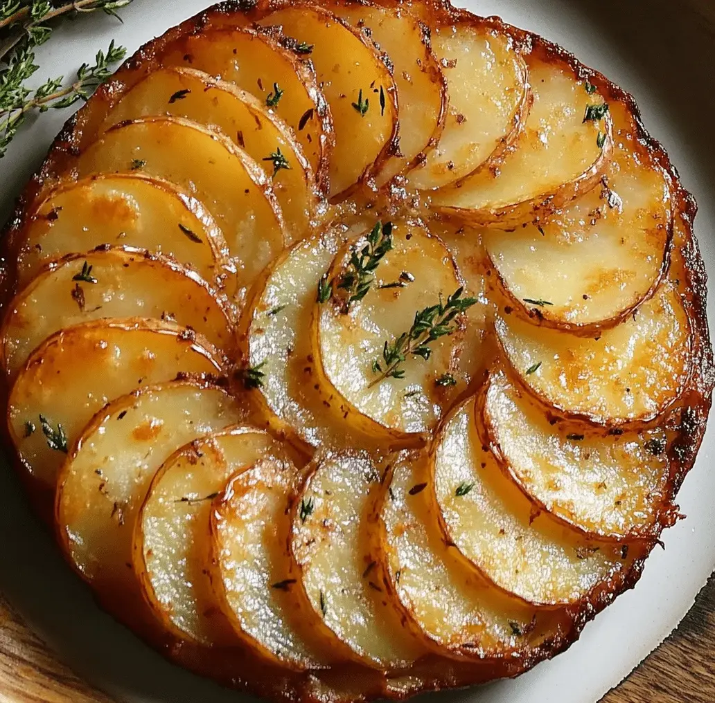 A beautifully baked garlicky potato galette with golden crust and visible potato slices, garnished with fresh herbs.