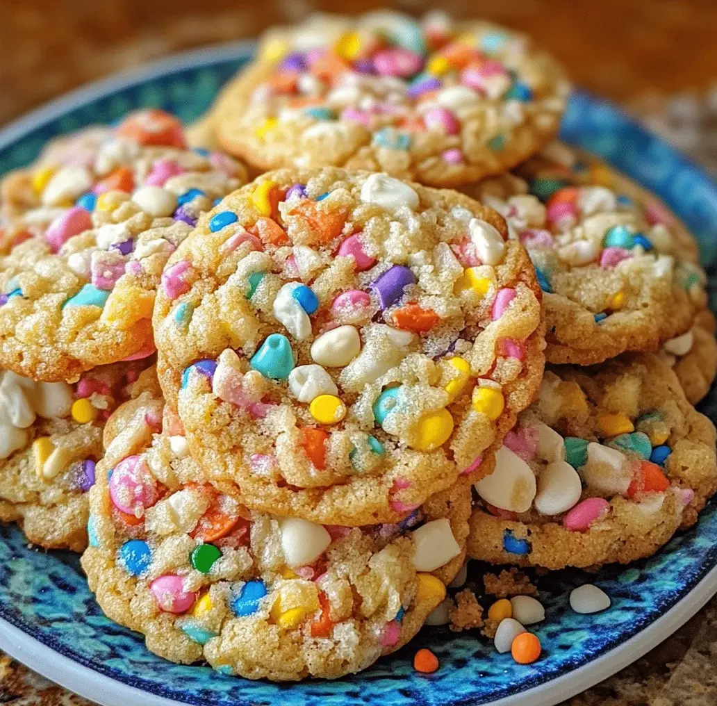 Close-up of a batch of Fruity Pebbles Cookies cooling on a wire rack, showcasing their bright colors and textured surface.