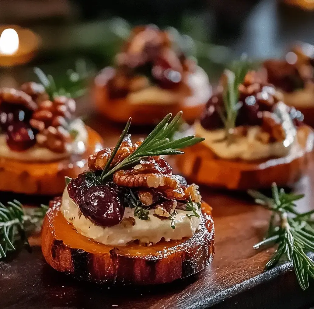 Final assembled sweet potato rounds with toppings