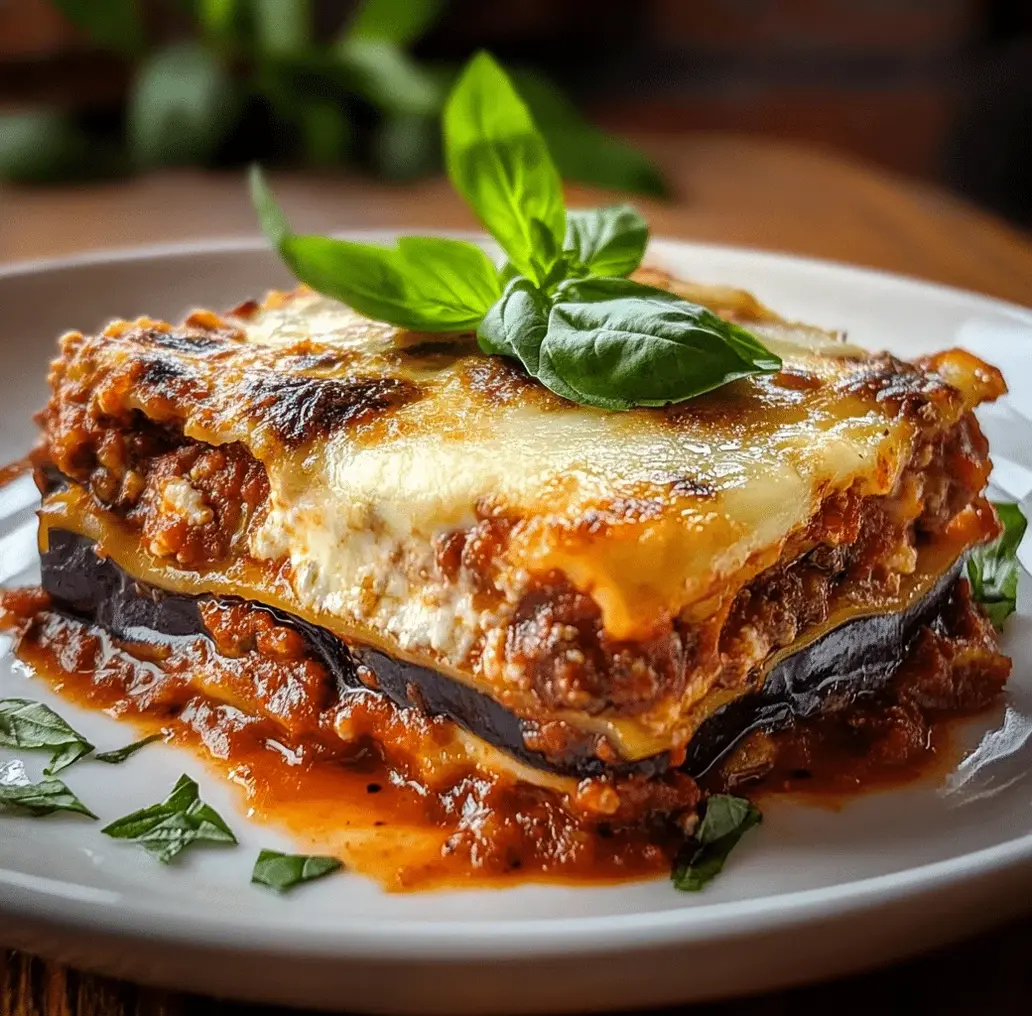 Cross-section of eggplant lasagna showing distinct layers of eggplant, ricotta, and sauce.
