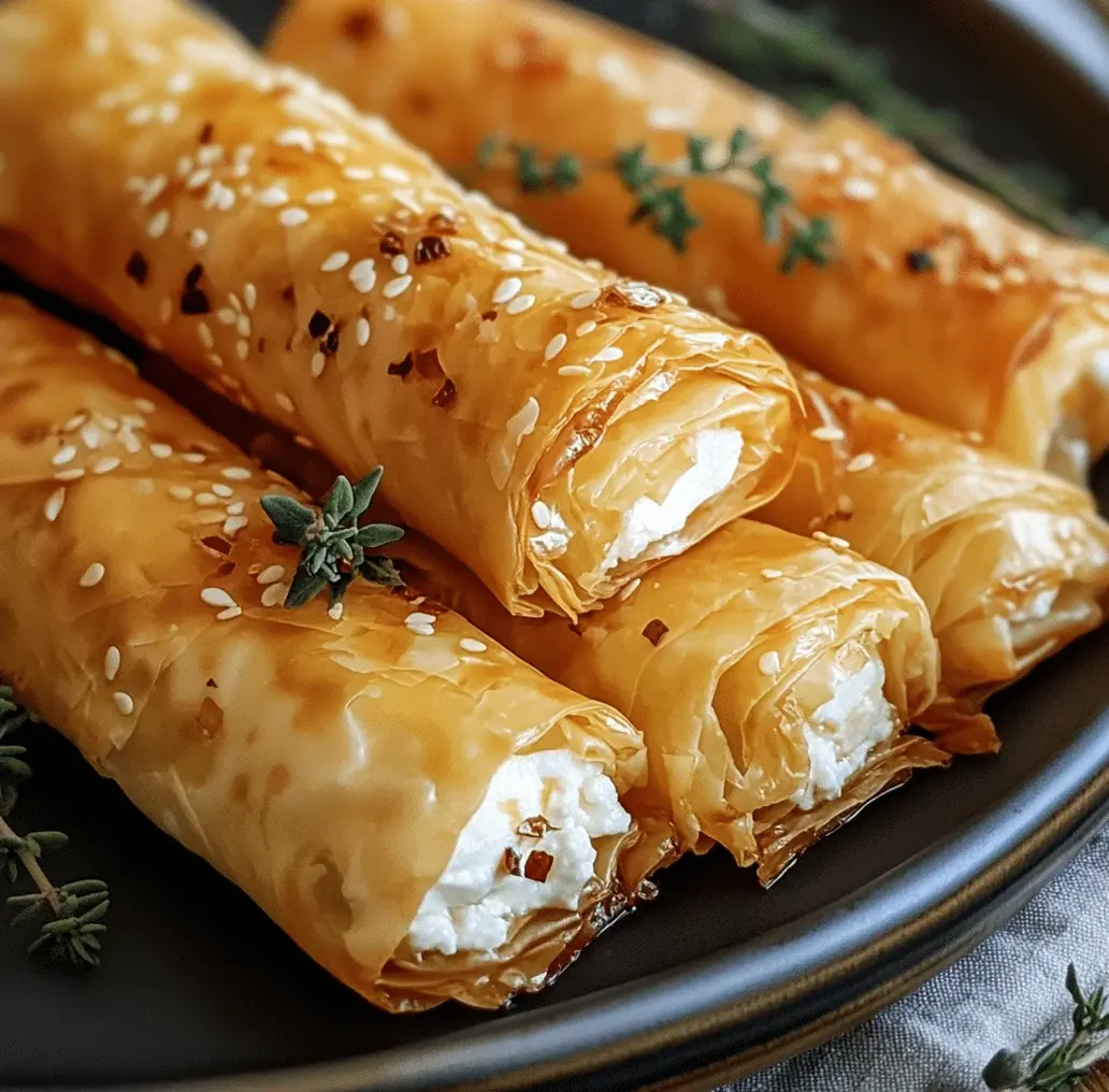 Oven-fried feta rolls on a white serving platter, drizzled with chili honey.