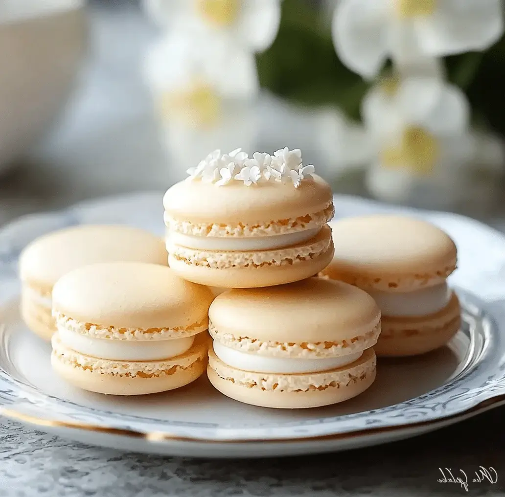 A close-up shot of vanilla macarons, showing the delicate texture and classic foot.