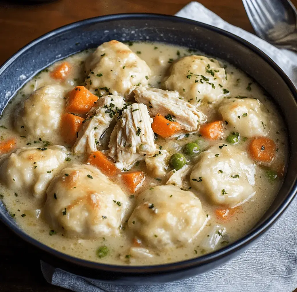 Close-up of a spoonful of chicken and dumplings being lifted from a bowl, showing tender chicken, vegetables, and fluffy biscuit dumplings.