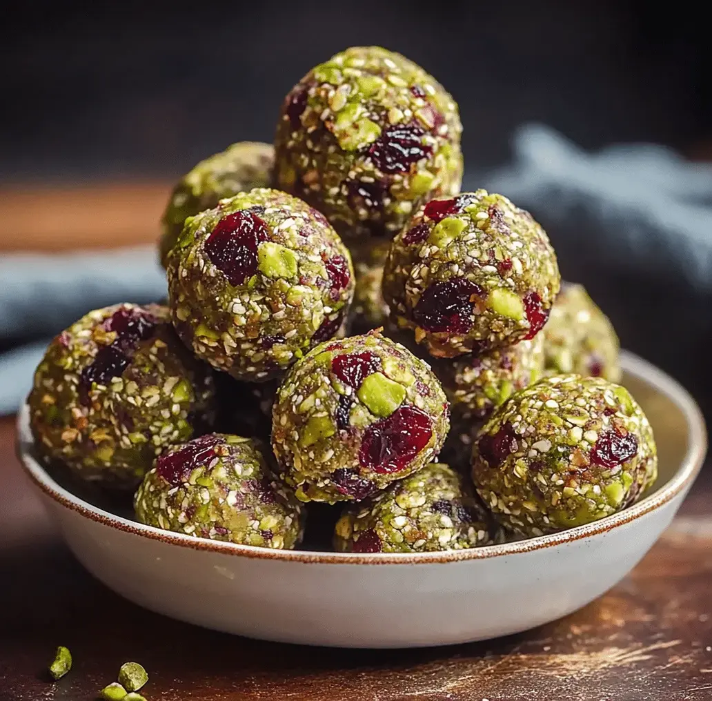 A glass jar filled with neatly arranged Cranberry Pistachio Energy Bites, with a few scattered around on a clean white surface, suggesting preservation and easy access.