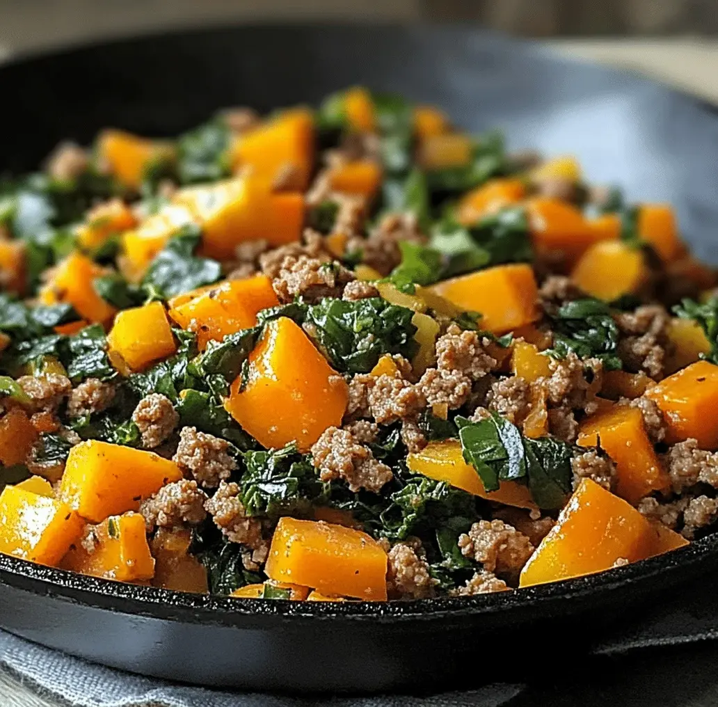 A top-down view of the easy turkey sweet potato skillet in a cast-iron pan, showcasing vibrant colors of turkey, sweet potatoes, and spices.