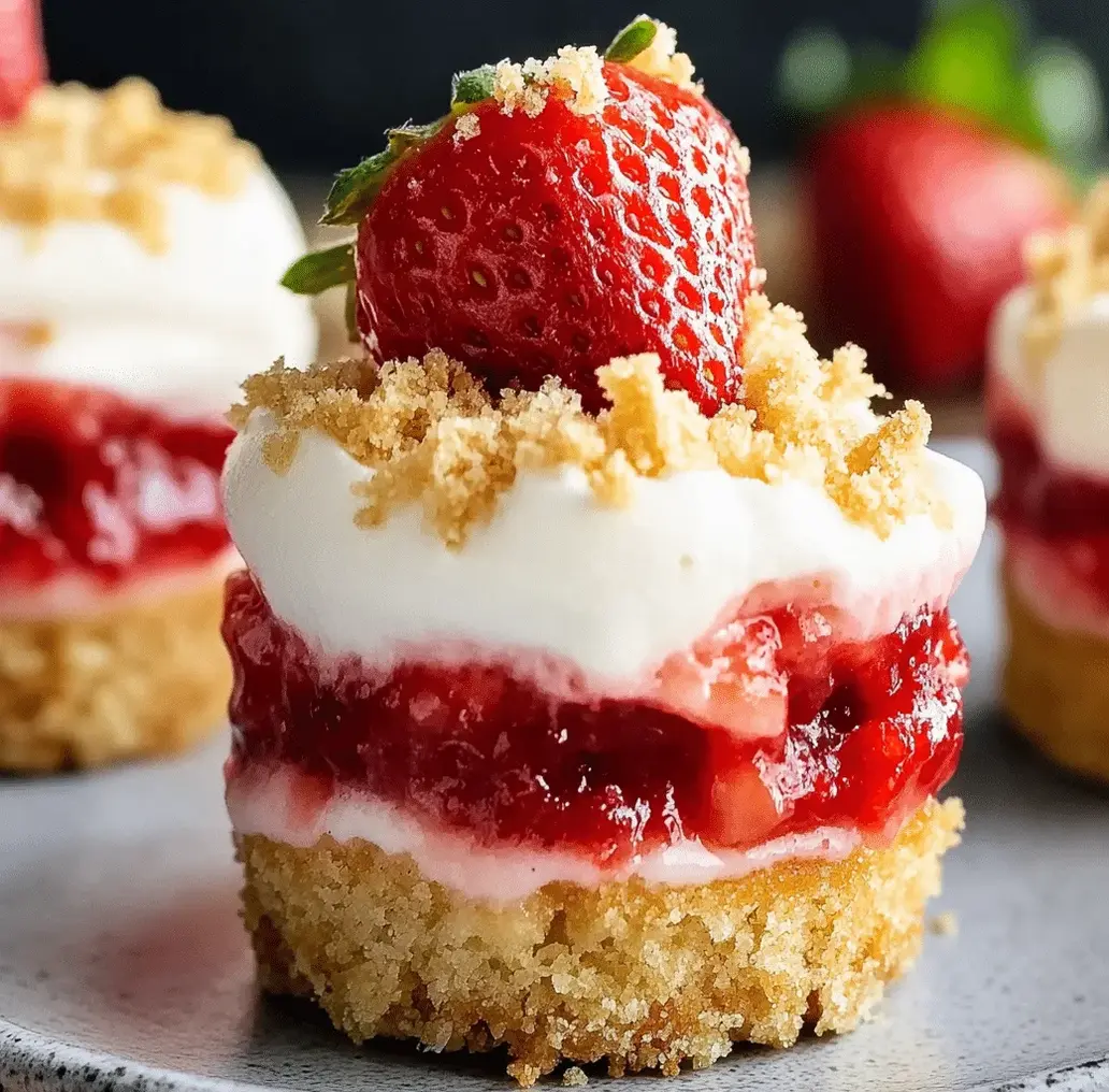 Close up of mini strawberry cheesecake with fresh strawberries