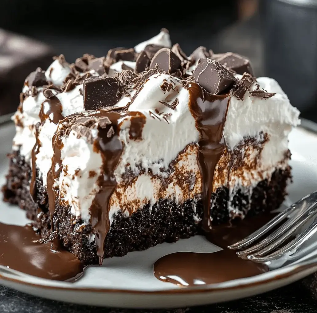 Close-up of a slice of chocolate poke cake with marshmallow topping.