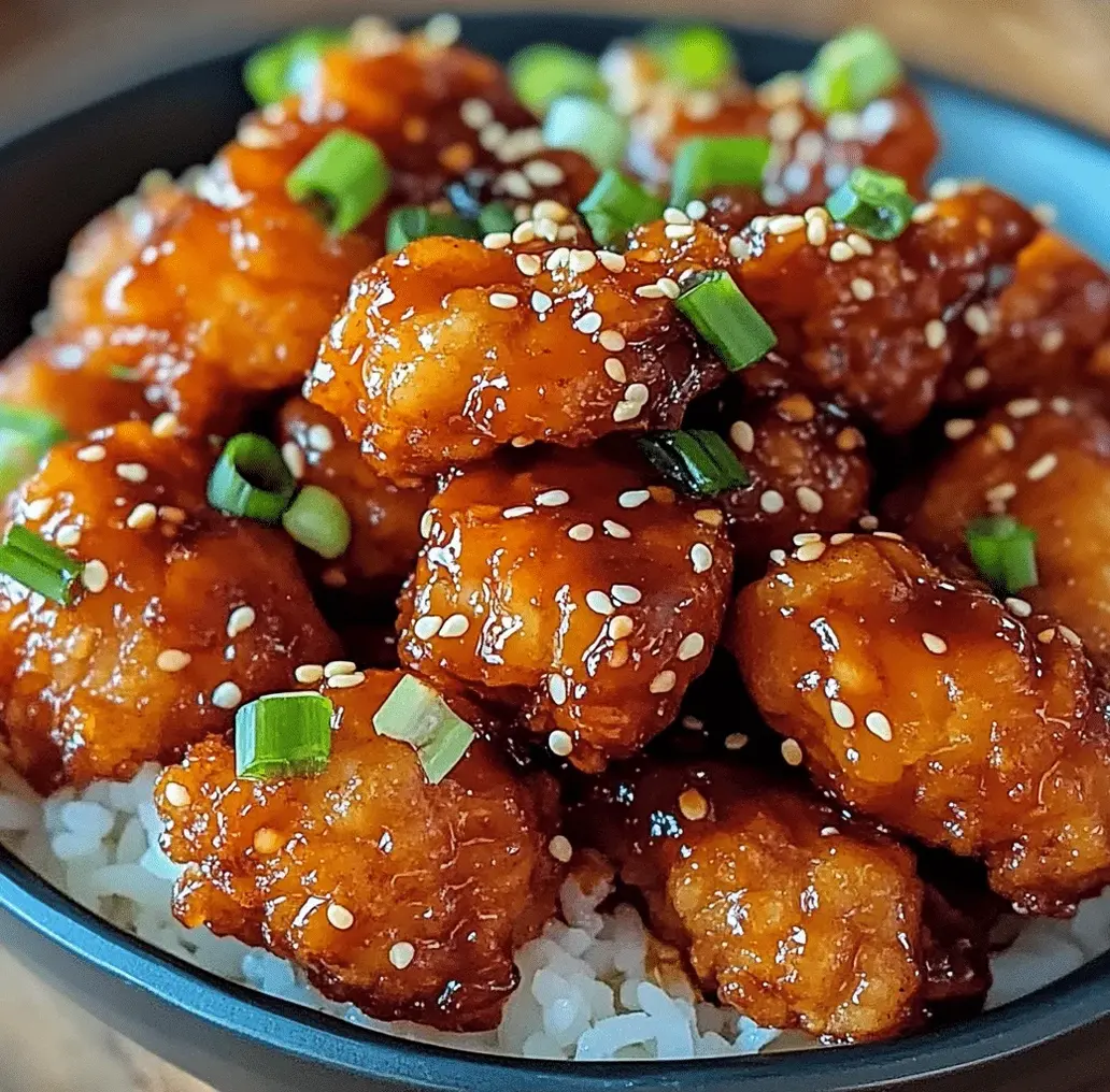 Close-up of sweet and spicy Korean chicken glistening with sauce, garnished with sesame seeds and green onions.