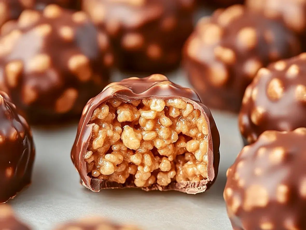 Close-up of Easy Rice Krispie Peanut Butter Balls with chocolate drizzle