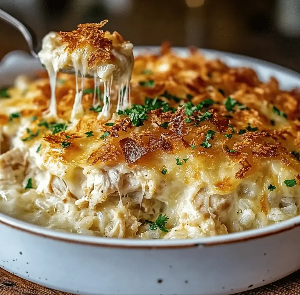 Cheesy French Onion Chicken Casserole in a baking dish