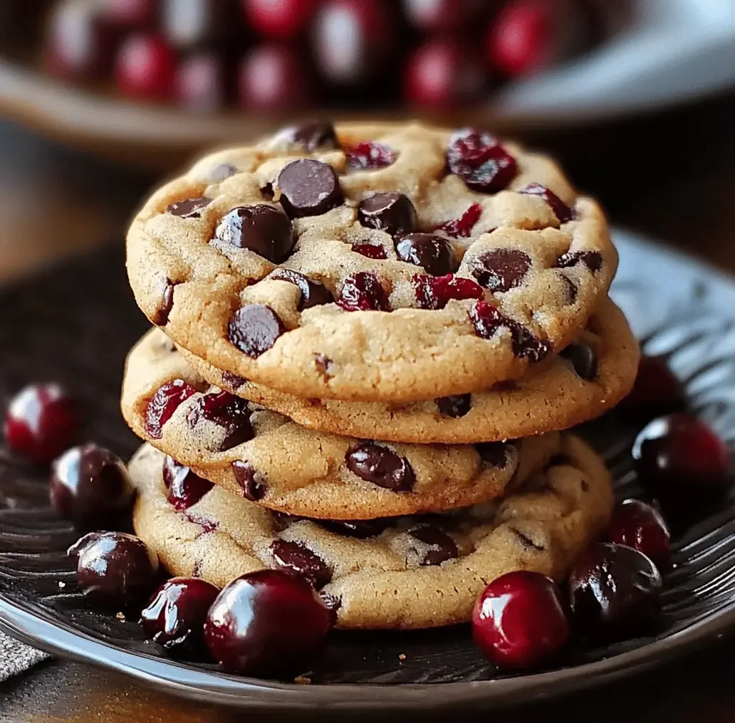 A pile of Chewy Chocolate Chip Cranberry Cookies stacked on a plate.