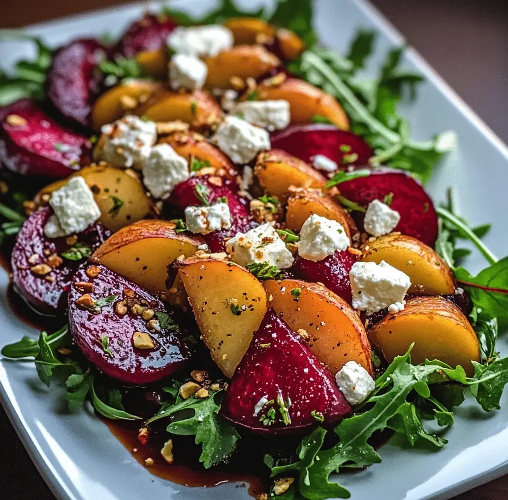 Close-up of the Holiday Roasted Beet and Caramelized Pear Salad showing vibrant colors and textures.