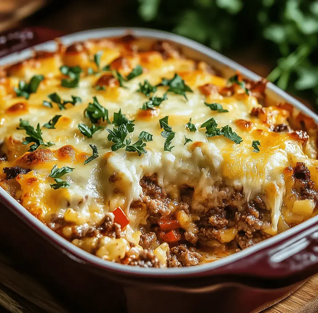 Close-up of a slice of beef and rice casserole with melted cheese.