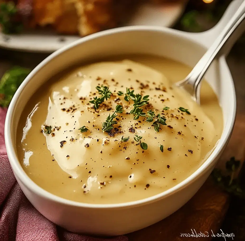 A beautiful, rich turkey gravy in a gravy boat, next to a platter of sliced turkey and side dishes.