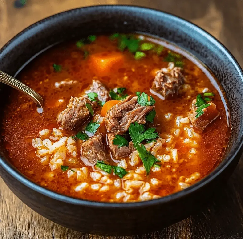 A steaming bowl of hearty tomato rice soup, garnished with fresh parsley.