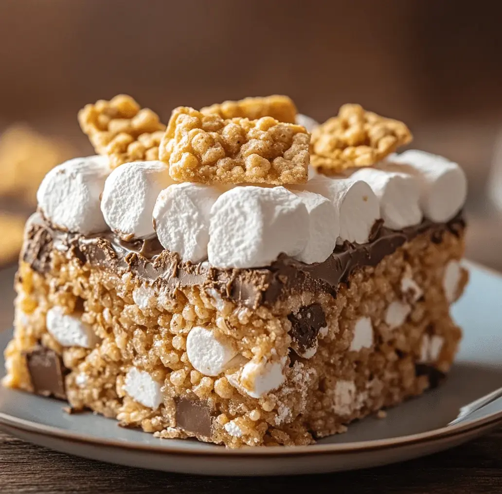 A close-up of a S'mores Rice Krispie Treat showing melted chocolate and marshmallows